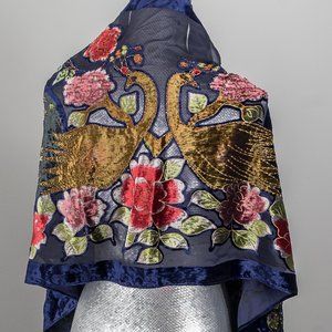Accessories - NWOT navy blue beaded velvet peacock shawl Accessories - NWOT navy blue beaded velvet peacock shawl